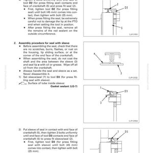 May include: Diagram of engine rear seal disassembly and assembly instructions. Includes illustrations of tools and components, with measurements in millimeters. Text includes steps for tightening bolts and assembling the seal with a sleeve.