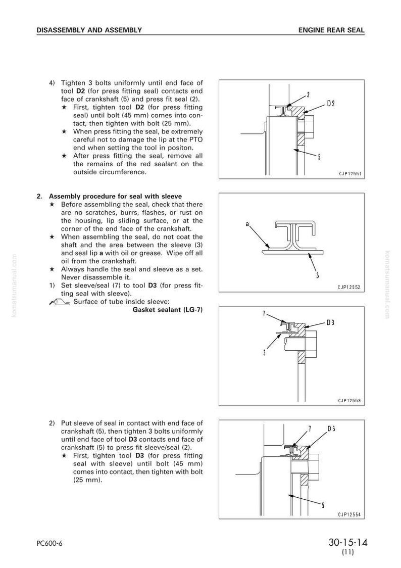May include: Diagram of engine rear seal disassembly and assembly instructions. Includes illustrations of tools and components, with measurements in millimeters. Text includes steps for tightening bolts and assembling the seal with a sleeve.