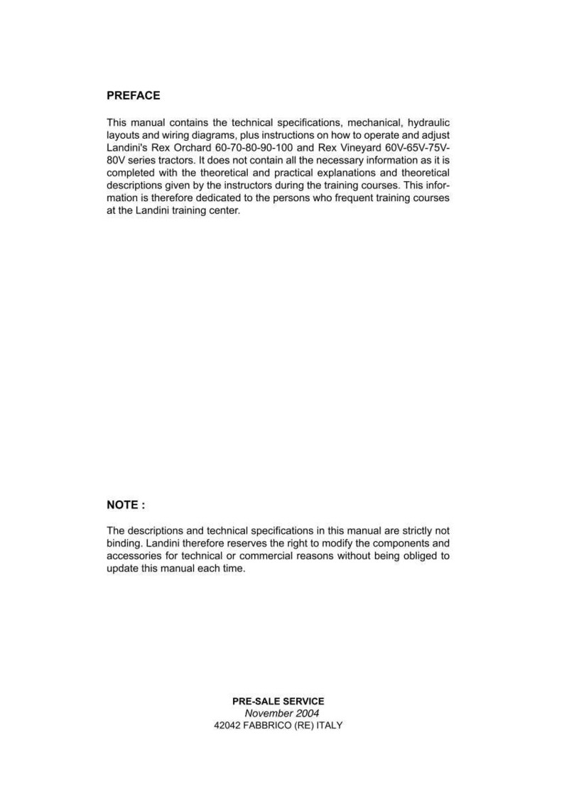 Peut inclure: Une page de manuel blanche avec le titre &laquo;&nbsp;PREFACE&nbsp;&raquo; en haut. Le texte d&eacute;crit les sp&eacute;cifications techniques, les sch&eacute;mas de c&acirc;blage et les instructions pour les tracteurs Landini. Le bas de la page comprend &laquo;&nbsp;PRE-SALE SERVICE&nbsp;&raquo; et une adresse.