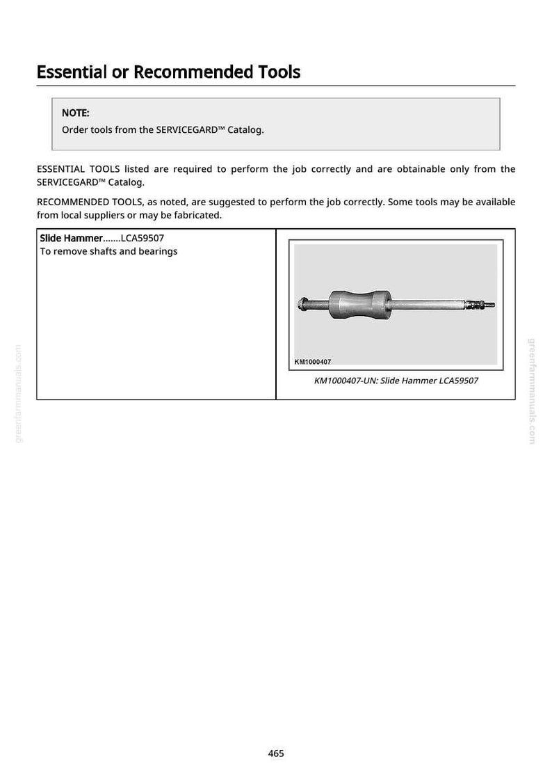 May include: A slide hammer tool, LCA59507, for removing shafts and bearings. The image also includes the text "Essential or Recommended Tools" and "KM1000407-UN: Slide Hammer LCA59507".