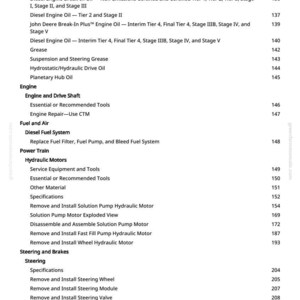 May include: A manual page detailing engine-related topics. The text includes headings like "Diesel Exhaust Fluid," "Engine Oil," and "Hydraulic Motors." The page number is displayed at the bottom of the page.