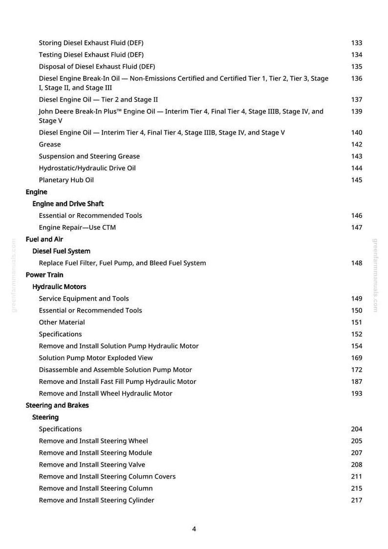 May include: A manual page detailing engine-related topics. The text includes headings like "Diesel Exhaust Fluid," "Engine Oil," and "Hydraulic Motors." The page number is displayed at the bottom of the page.