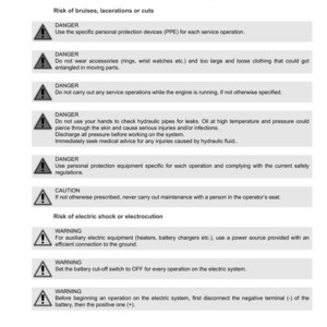 May include: A safety manual page from Argo Tractors, detailing hazardous situations and safety warnings. The page includes warnings about bruises, cuts, electric shock, and other potential hazards during tractor maintenance.