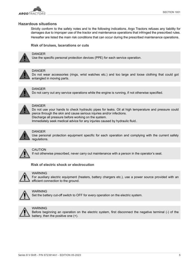 May include: A safety manual page from Argo Tractors, detailing hazardous situations and safety warnings. The page includes warnings about bruises, cuts, electric shock, and other potential hazards during tractor maintenance.