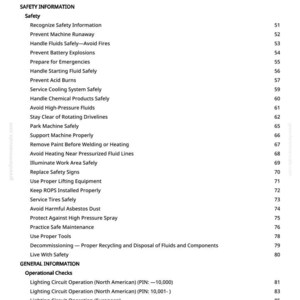 May include: A detailed table of contents from a manual, listing safety information and operational checks. The text is black on a white background, with section titles like "Safety" and "General Information". Page numbers are visible.