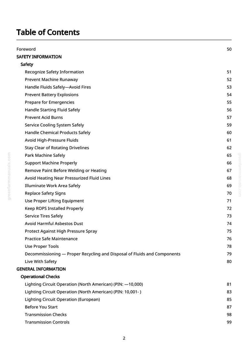May include: A detailed table of contents from a manual, listing safety information and operational checks. The text is black on a white background, with section titles like "Safety" and "General Information". Page numbers are visible.