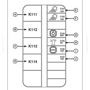 May include: Diagram of a front center fuses and relays block layout. The diagram includes labels for fuses and relays, with corresponding amperage ratings. The layout is labeled with letters and numbers for easy identification.