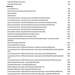 May include: A detailed page from a manual, featuring a list of technical terms and procedures related to vehicle components. The text includes terms like "MFWD Clutch," "Differential Housing," and "Axle Assembly," with corresponding page numbers.