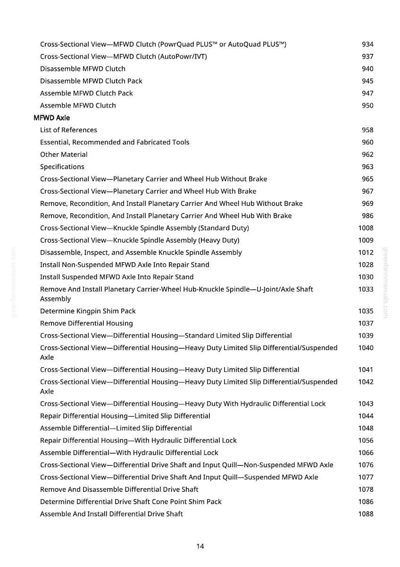 May include: A detailed page from a manual, featuring a list of technical terms and procedures related to vehicle components. The text includes terms like "MFWD Clutch," "Differential Housing," and "Axle Assembly," with corresponding page numbers.