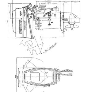 Op de afbeelding: Technische tekening van een Yanmar Diesel 27 scheepsmotor, met gedetailleerde buitenaanzichten en afmetingen in millimeters. Het diagram bevat labels voor verschillende componenten en hoeken, met de tekst "DIESEL 27" en "YANMAR".