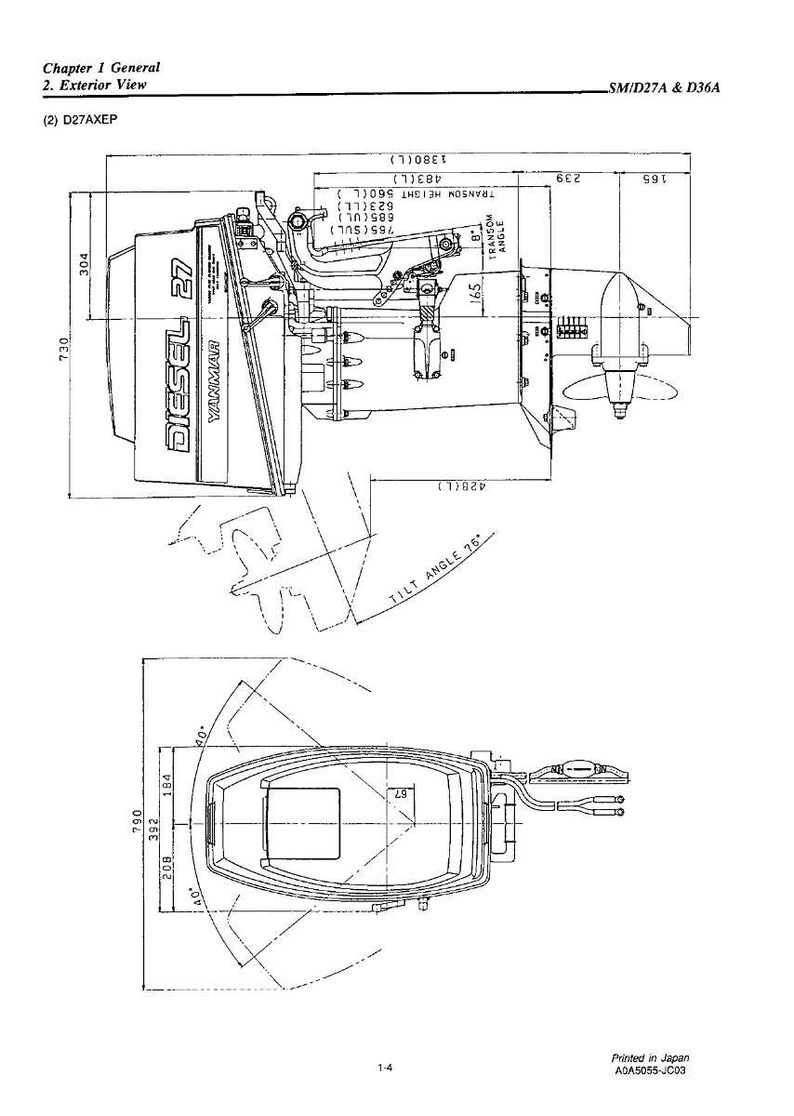 Op de afbeelding: Technische tekening van een Yanmar Diesel 27 scheepsmotor, met gedetailleerde buitenaanzichten en afmetingen in millimeters. Het diagram bevat labels voor verschillende componenten en hoeken, met de tekst "DIESEL 27" en "YANMAR".