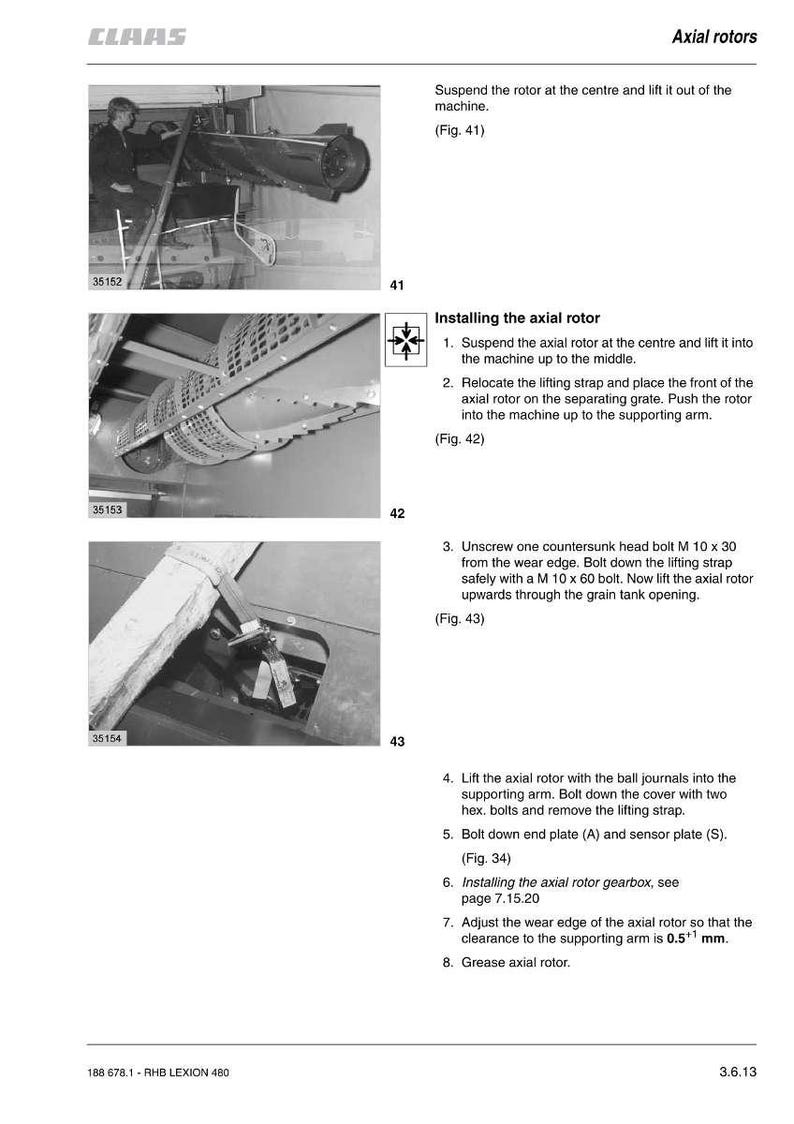 May include: A technical diagram from CLAAS detailing the installation of an axial rotor. The image includes close-up shots of machine components, diagrams, and numbered instructions. The text provides step-by-step guidance for the assembly process.