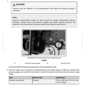 May include: Diagram showing how to check a pressure-regulating valve and air-brake fill time. The image includes a pressure gauge, a hose, and text detailing the procedure, with measurements in kPa and psi.