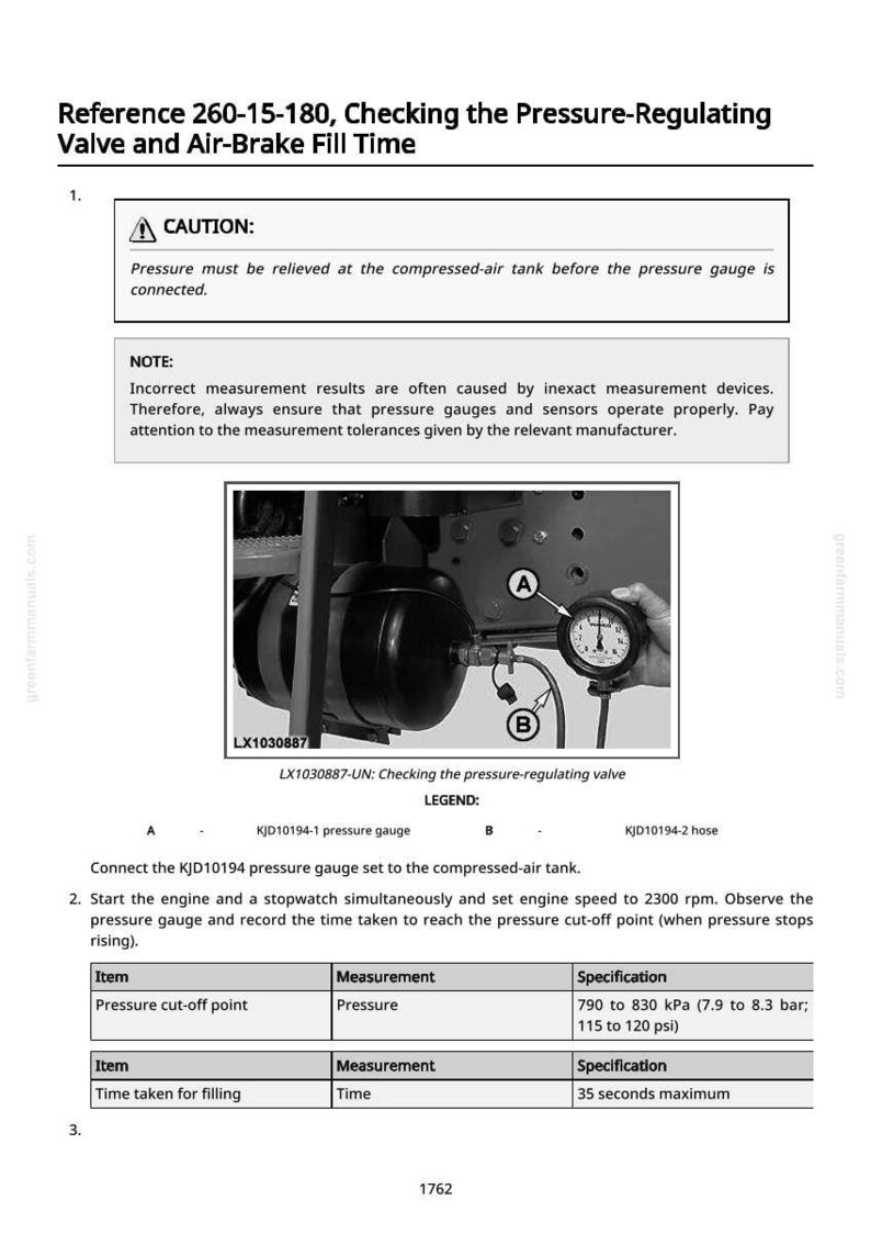 May include: Diagram showing how to check a pressure-regulating valve and air-brake fill time. The image includes a pressure gauge, a hose, and text detailing the procedure, with measurements in kPa and psi.