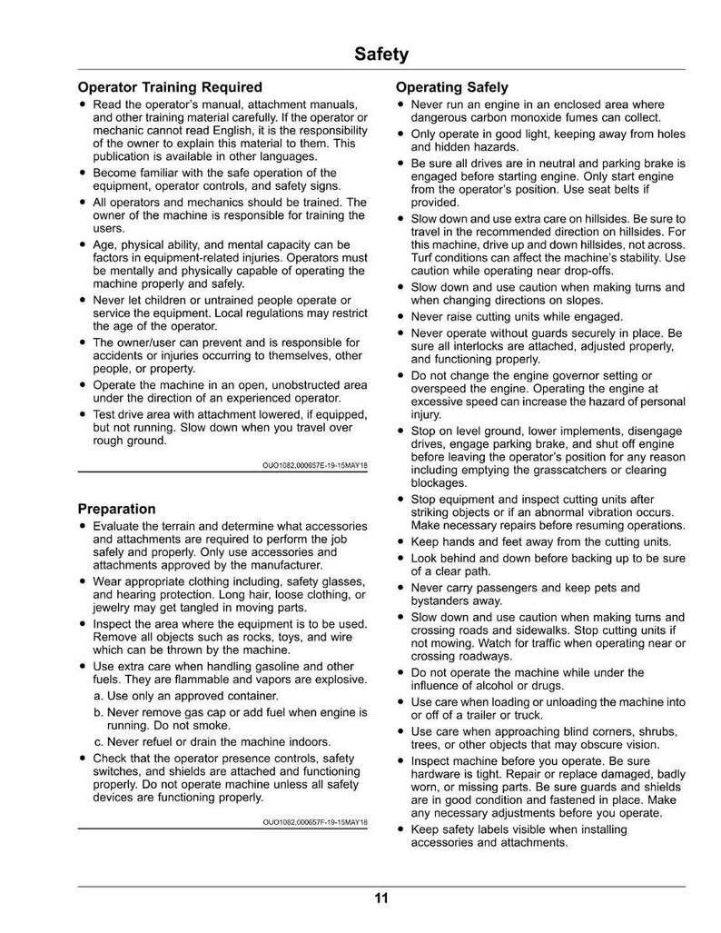 May include: A page from a safety manual with the title "Safety." The text includes instructions on operator training, safe operation, and preparation for equipment use. The page has a white background.