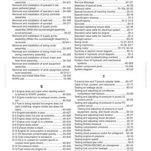Pode incluir: Uma p&aacute;gina do manual Komatsu PC138USLC-10, com um &iacute;ndice e se&ccedil;&otilde;es de solu&ccedil;&atilde;o de problemas. O texto &eacute; preto sobre fundo branco, com t&iacute;tulos e listas numeradas.