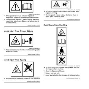 May include: A page of safety labels with black and white warning symbols. The labels warn against hazards like rotating blades, thrown objects, crushing, and tipping. Text includes instructions to read the operator's manual and avoid injury.