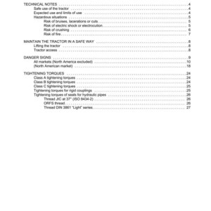 May include: A white document with the title "CONTENTS" lists topics including "Technical Notes", "Danger Signs", and "Tightening Torques". The document is for Argo Tractors and includes a section on tractor safety.
