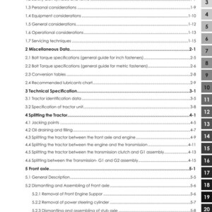 May include: A detailed contents page from an Argo Tractors manual, covering safety, technical specifications, and tractor maintenance. The document includes page numbers and section titles, with the Argo Tractors logo at the top.