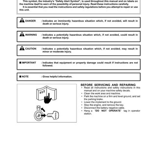 May include: A safety instructions manual with the title "SAFETY FIRST". The manual includes safety alert symbols and instructions for servicing and repairing machinery. It also includes warnings for potential hazards and important notes.