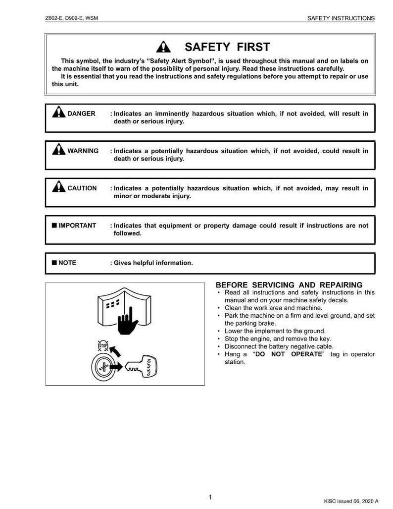 May include: A safety instructions manual with the title "SAFETY FIRST". The manual includes safety alert symbols and instructions for servicing and repairing machinery. It also includes warnings for potential hazards and important notes.