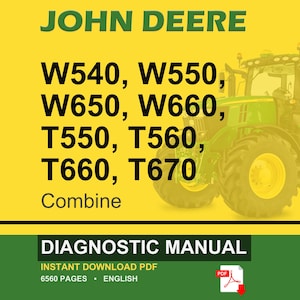 May include: A John Deere diagnostic manual cover with a yellow and green background. The text includes "JOHN DEERE", combine model numbers, and "DIAGNOSTIC MANUAL". A green tractor is visible on the right.