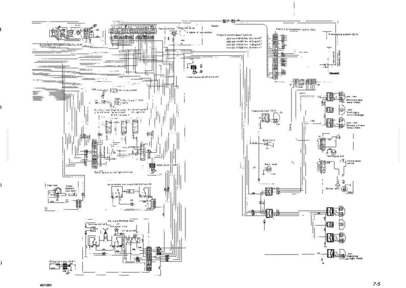 Puede incluir: Un diagrama esquem&aacute;tico detallado en blanco y negro, probablemente para un sistema el&eacute;ctrico. El diagrama presenta numerosas l&iacute;neas, s&iacute;mbolos y etiquetas, lo que sugiere una ilustraci&oacute;n t&eacute;cnica compleja. La p&aacute;gina est&aacute; etiquetada como "7-5" en la esquina inferior derecha.