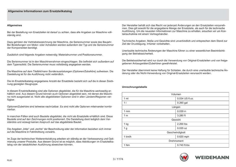 May include: A white document with German text, titled "Allgemeine Informationen zum Ersatzteilkatalog." Includes a conversion table with measurements like 0.039 inches and 2.200 lbs. The Weidemann logo is at the bottom.