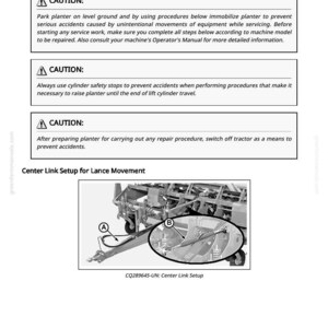 May include: A page from a manual titled "Parking Planter Safely" with safety instructions. The image includes a diagram of a centre link setup for lance movement, with labels A and B. The text includes caution warnings.