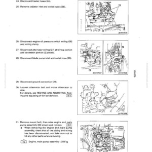 Op de afbeelding: Een pagina uit een handleiding met diagrammen en instructies voor motoronderhoud. De diagrammen tonen verschillende motoronderdelen, waaronder slangen, bedrading en de hoofdpompassemblage. Tekst bevat genummerde stappen en veiligheidswaarschuwingen.