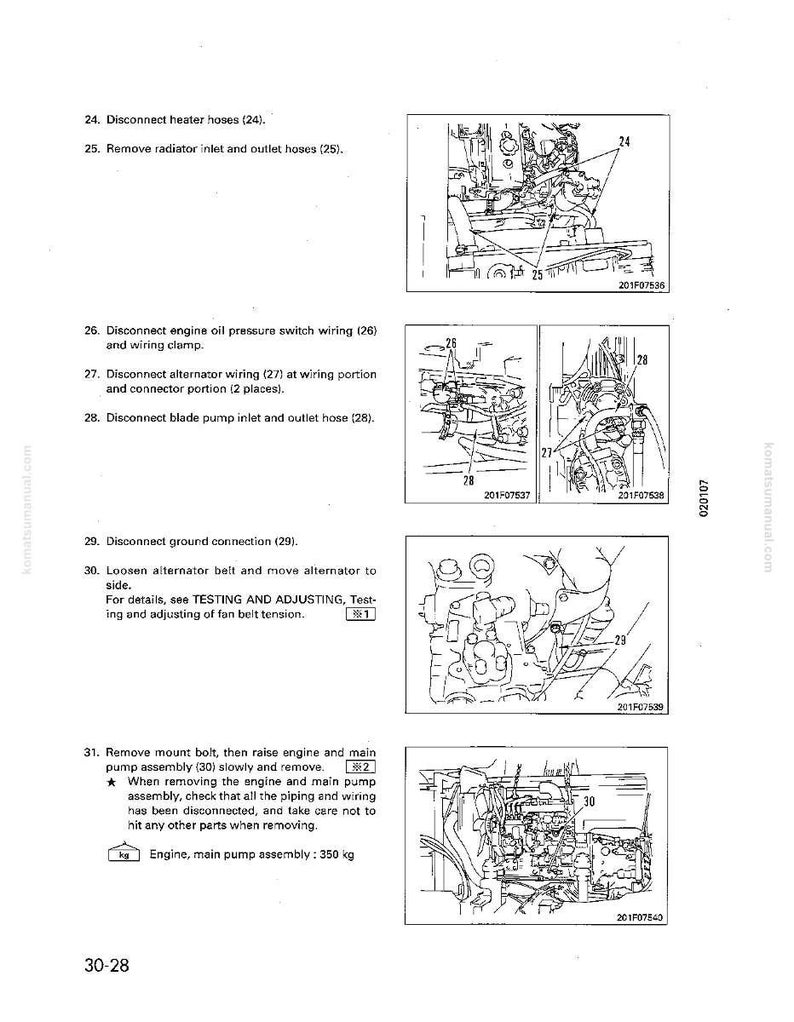 Op de afbeelding: Een pagina uit een handleiding met diagrammen en instructies voor motoronderhoud. De diagrammen tonen verschillende motoronderdelen, waaronder slangen, bedrading en de hoofdpompassemblage. Tekst bevat genummerde stappen en veiligheidswaarschuwingen.