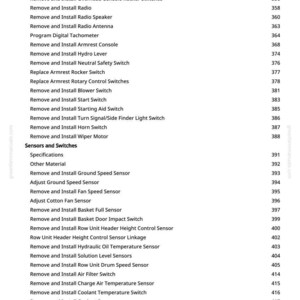 May include: A white page with a list of automotive repair and maintenance procedures, including radio installation, sensor adjustments, and switch replacements. The list is organized with titles and corresponding page numbers.