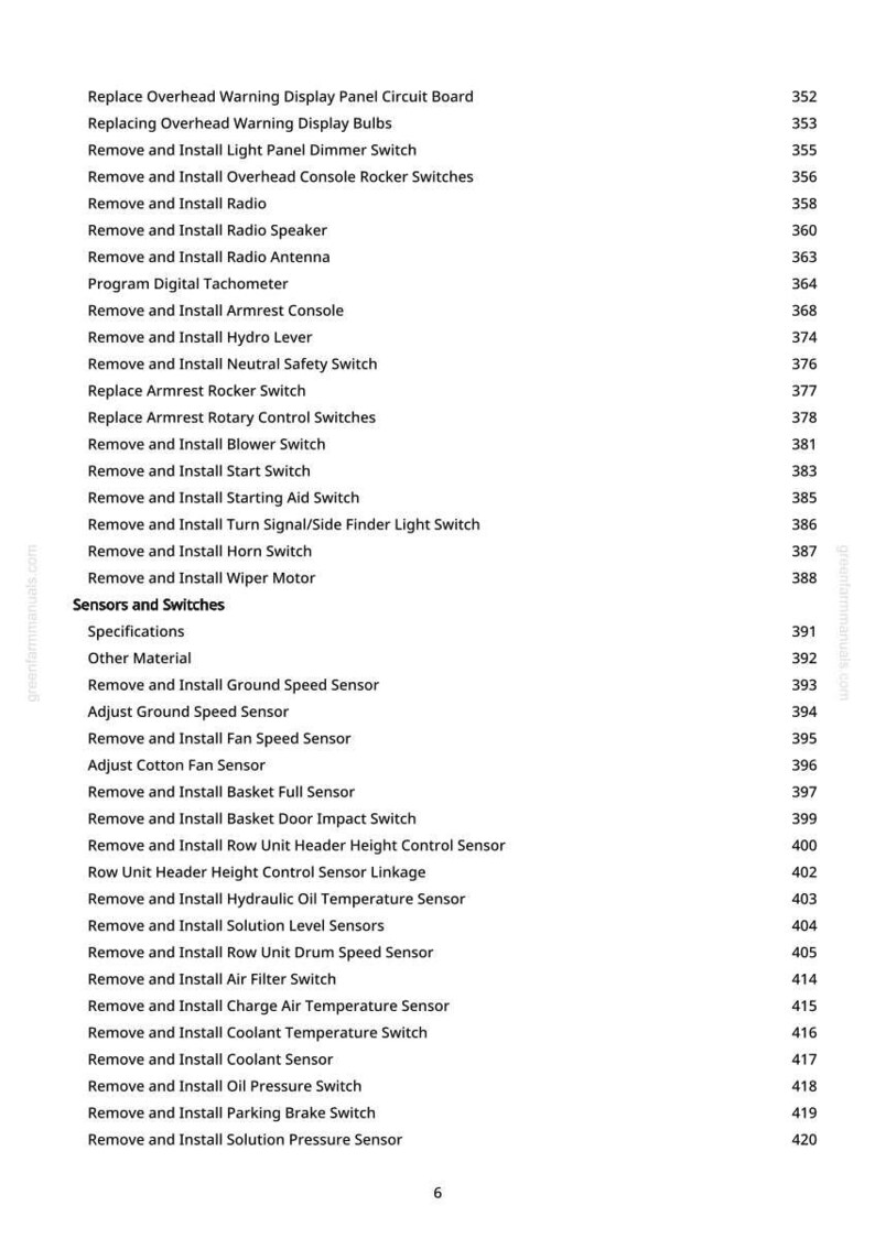 May include: A white page with a list of automotive repair and maintenance procedures, including radio installation, sensor adjustments, and switch replacements. The list is organized with titles and corresponding page numbers.