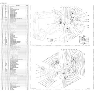 May include: Diagram of an excavator with detailed schematics and labels. The image includes multiple views of the machinery, with lines pointing to various components and a table of connectors and arrangement drawings.