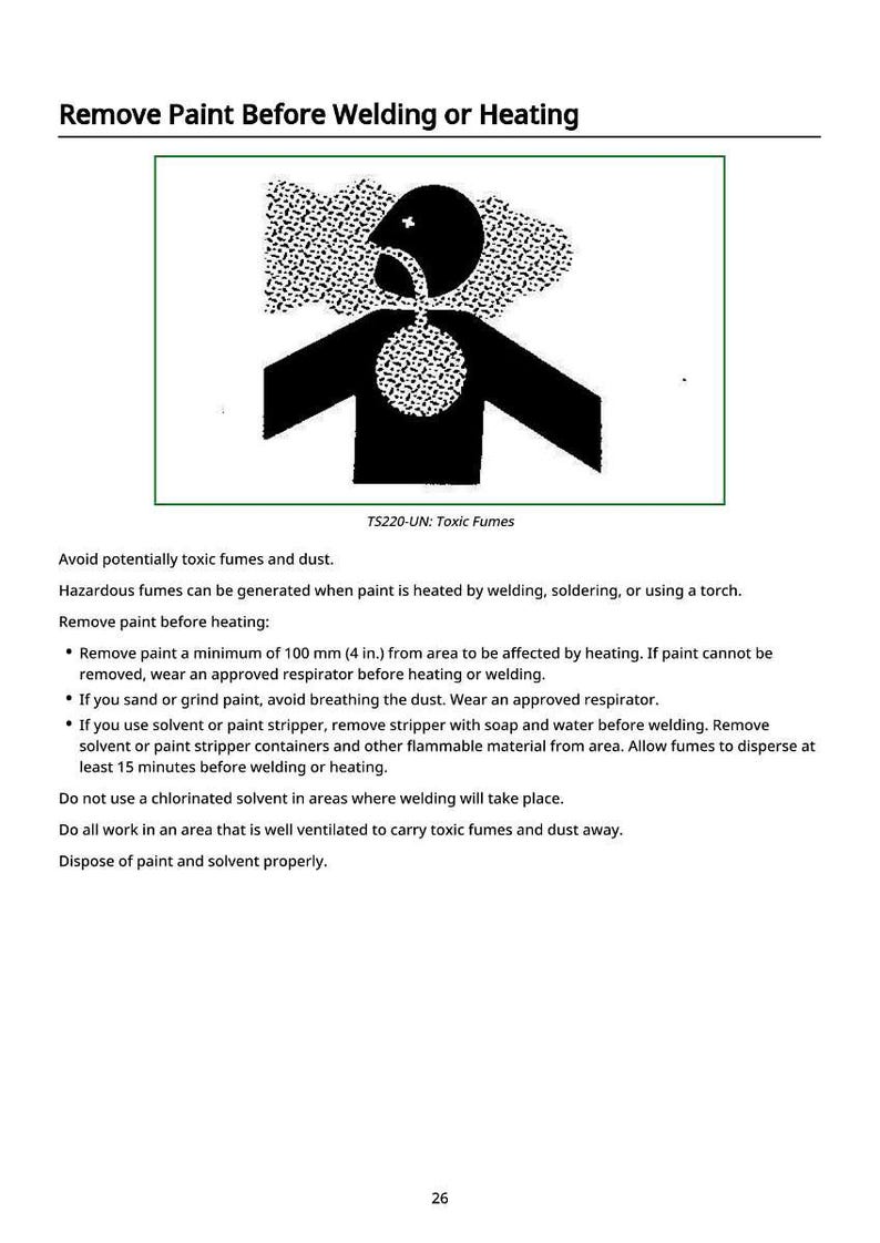 May include: Safety information graphic with the text "Remove Paint Before Welding or Heating." The image shows a black silhouette of a person with fumes coming from their mouth. Text warns of toxic fumes and dust.