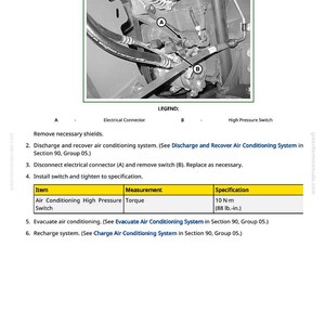Pu&ograve; includere: Schema che mostra la rimozione e l'installazione dell'interruttore ad alta pressione dell'aria condizionata. Include un primo piano dei componenti del sistema, etichettati A e B, e una tabella che specifica la coppia a 10 N-m.