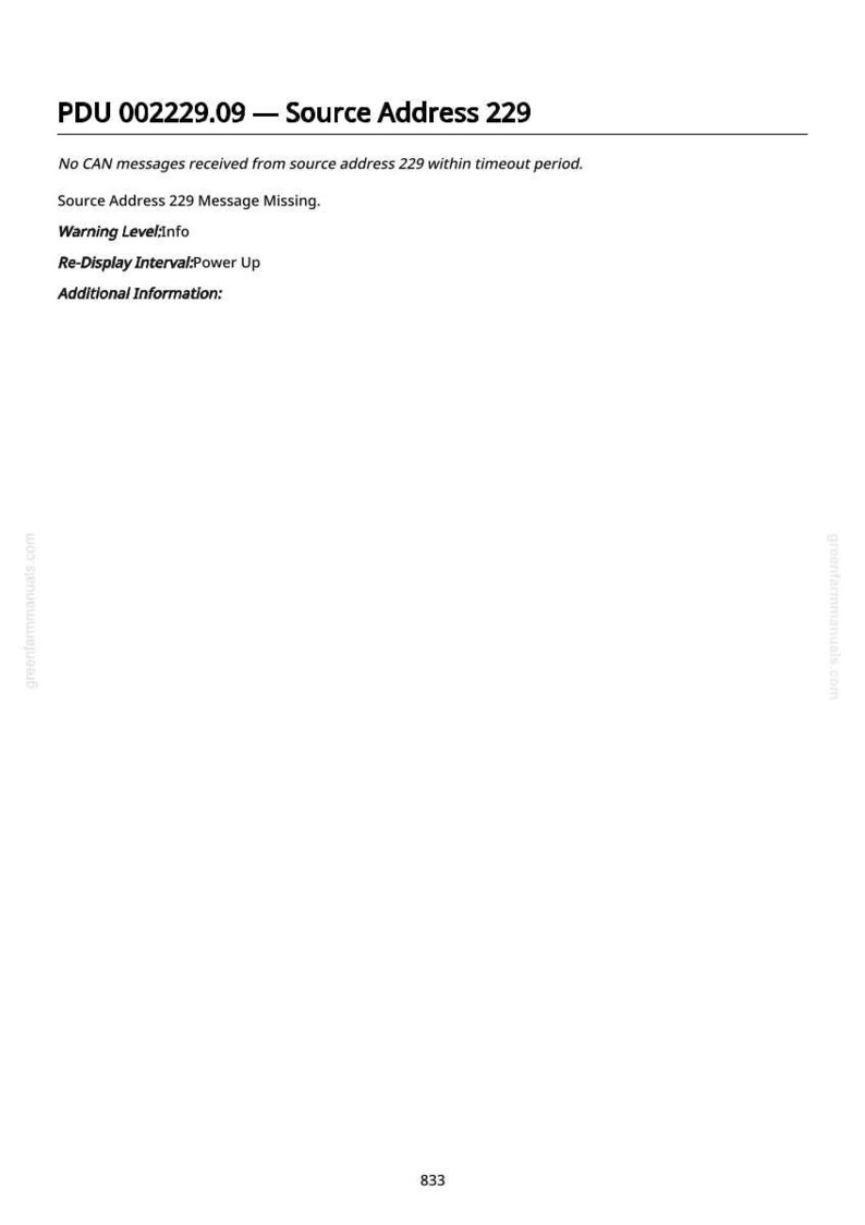 May include: A white document with black text. The title reads "PDU 002229.09 - Source Address 229". The text describes a missing message and warning level information. The document includes the website address "greenfarmanuals.com".