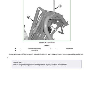 May include: Diagram illustrating the removal and installation of a compensating spring, labeled A, on a mechanical assembly. The image includes a lifting strap, labeled B, and the main frame, labeled C. Text instructions and a warning about spring tension are also present.