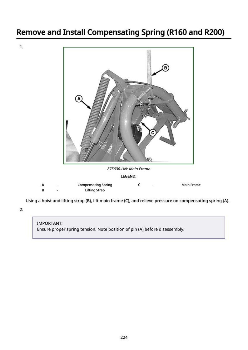May include: Diagram illustrating the removal and installation of a compensating spring, labeled A, on a mechanical assembly. The image includes a lifting strap, labeled B, and the main frame, labeled C. Text instructions and a warning about spring tension are also present.