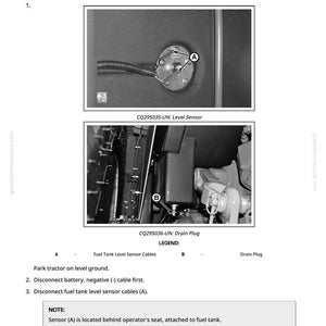 May include: Black and white diagram illustrating fuel tank removal and inspection. Includes close-up images of a level sensor and drain plug, with labels and instructions. Text includes "Level Sensor" and "Drain Plug".