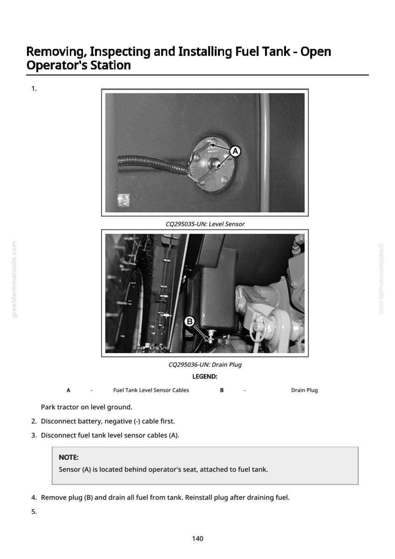 May include: Black and white diagram illustrating fuel tank removal and inspection. Includes close-up images of a level sensor and drain plug, with labels and instructions. Text includes "Level Sensor" and "Drain Plug".