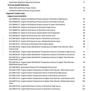 K&ouml;nnte beinhalten: Eine gedruckte Seite aus einem Handbuch, die Diagnosefehlercodes f&uuml;r ein Motorsteuerger&auml;t (ECU) auflistet. Der Text enth&auml;lt Sensorwerte und m&ouml;gliche Probleme, wie z. B. "Engine Fuel Delivery Pressure Sensor Is Shorted to High Source."