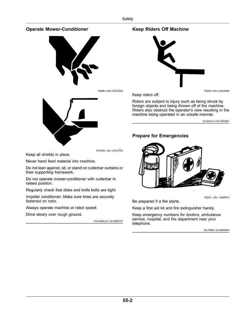 May include: A safety manual page with black and white illustrations and text. The page includes warnings about operating a mower-conditioner and emergency preparedness. The illustrations depict safety precautions and equipment.