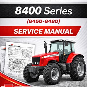 K&ouml;nnte beinhalten: Ein roter Massey Ferguson Traktor der 8400er Serie mit gro&szlig;en Reifen, einem wei&szlig;en Dach und dem Massey Ferguson Logo. Das Bild enth&auml;lt ein Servicehandbuch und ein "PDF Download"-Symbol.