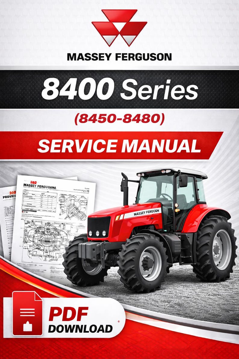 K&ouml;nnte beinhalten: Ein roter Massey Ferguson Traktor der 8400er Serie mit gro&szlig;en Reifen, einem wei&szlig;en Dach und dem Massey Ferguson Logo. Das Bild enth&auml;lt ein Servicehandbuch und ein "PDF Download"-Symbol.
