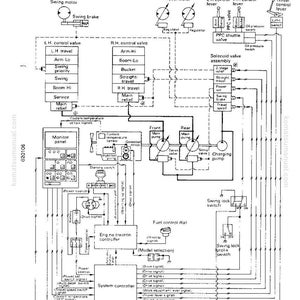 May include: A detailed system diagram for the PC90-1, featuring a network of interconnected components. The diagram includes labels for swing motors, control valves, and various switches. The text "TOTAL SYSTEM DIAGRAM" is at the top.