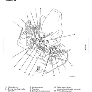 May include: An electrical allocation diagram labeled "Electrical Allocation Diagram (1/2) Inside Cab." The diagram shows various components, including an alarm buzzer, monitor panel, radio, and switches, with labels and numbers for each part.
