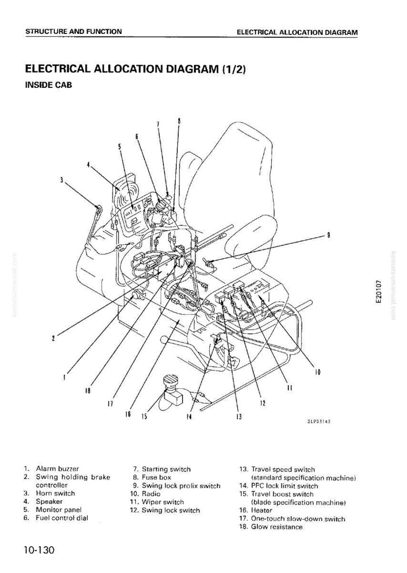 May include: An electrical allocation diagram labeled "Electrical Allocation Diagram (1/2) Inside Cab." The diagram shows various components, including an alarm buzzer, monitor panel, radio, and switches, with labels and numbers for each part.