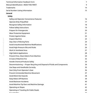 May include: A page from a manual titled "Table of Contents." The document lists safety guidelines, including operating procedures, emergency preparedness, and machine maintenance. The text is black on a white background.
