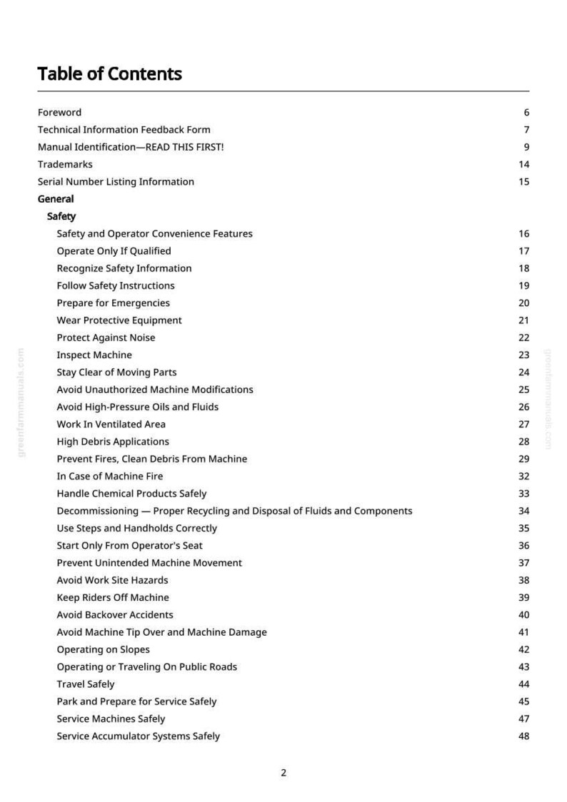 May include: A page from a manual titled "Table of Contents." The document lists safety guidelines, including operating procedures, emergency preparedness, and machine maintenance. The text is black on a white background.